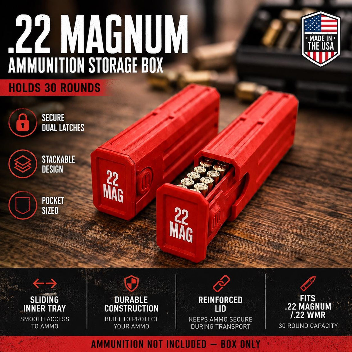 22 Magnum Ammo Box – 30 Round Stackable Pocket Storage Case with Sliding Drawer, Dual Latches.