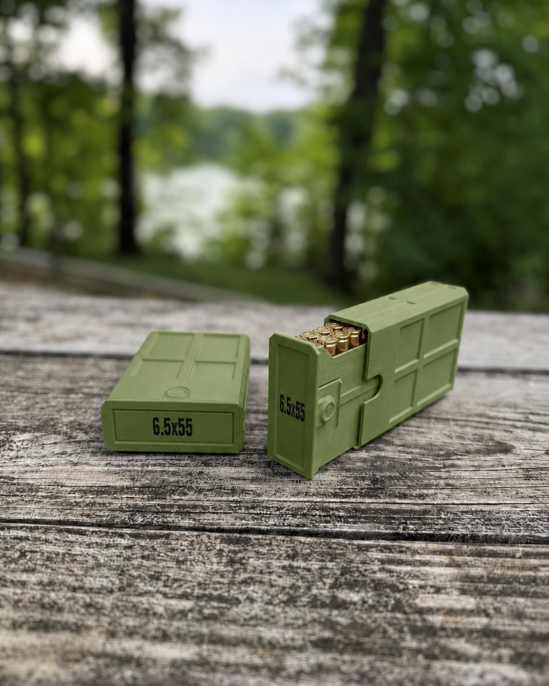 6.5x55 Swedish Ammo Box – 20 Round Stackable Ammunition Storage Case – Compact 3D Printed Rifle Cartridge Holder
