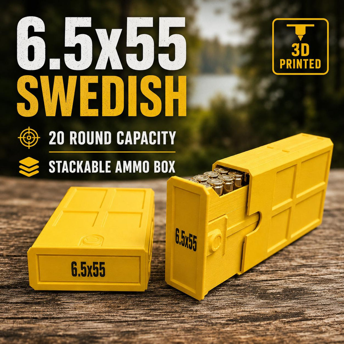 6.5x55 Swedish Ammo Box – 20 Round Stackable Ammunition Storage Case – Compact 3D Printed Rifle Cartridge Holder