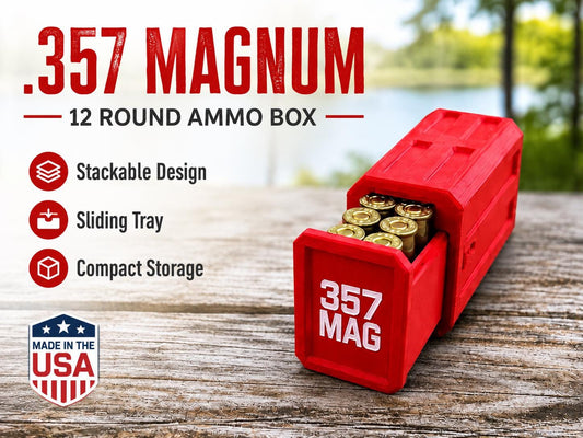 357 Magnum Ammo Box – 12 Round Stackable Storage Case, Sliding Drawer Organizer