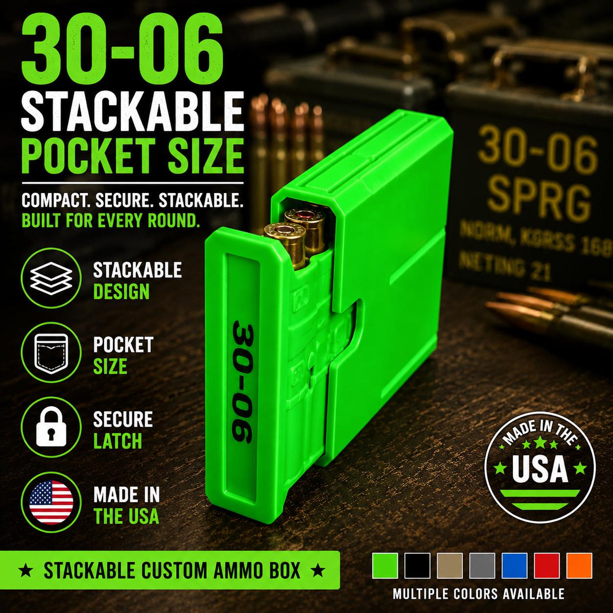 30-06 Springfield Ammo Box, Pocket 8 Round Storage Case, Stackable Sliding Organizer