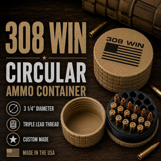 308 Winchester Magnum Circular Frag Pattern 15 Rounds Ammo Case, Quick-Twist Lid, Multiple Color Options