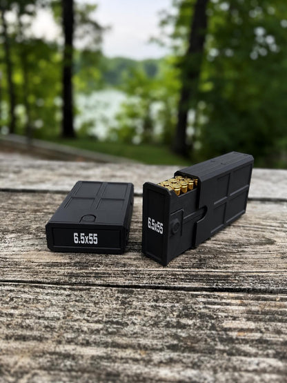 6.5x55 Swedish Ammo Box – 20 Round Stackable Ammunition Storage Case – Compact 3D Printed Rifle Cartridge Holder