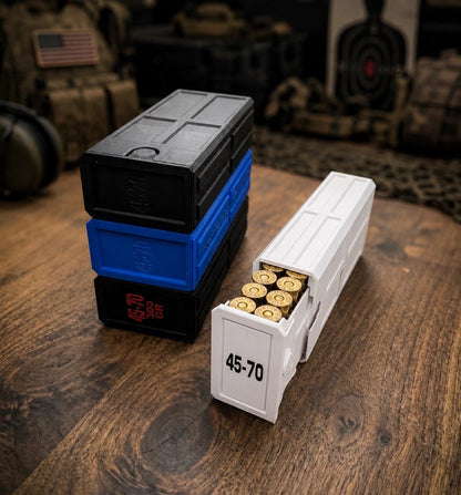 45-70 Government Ammo Box – 20 Round Stackable Ammo Storage Case, Sliding 3D Printed Range & Hunting Organizer