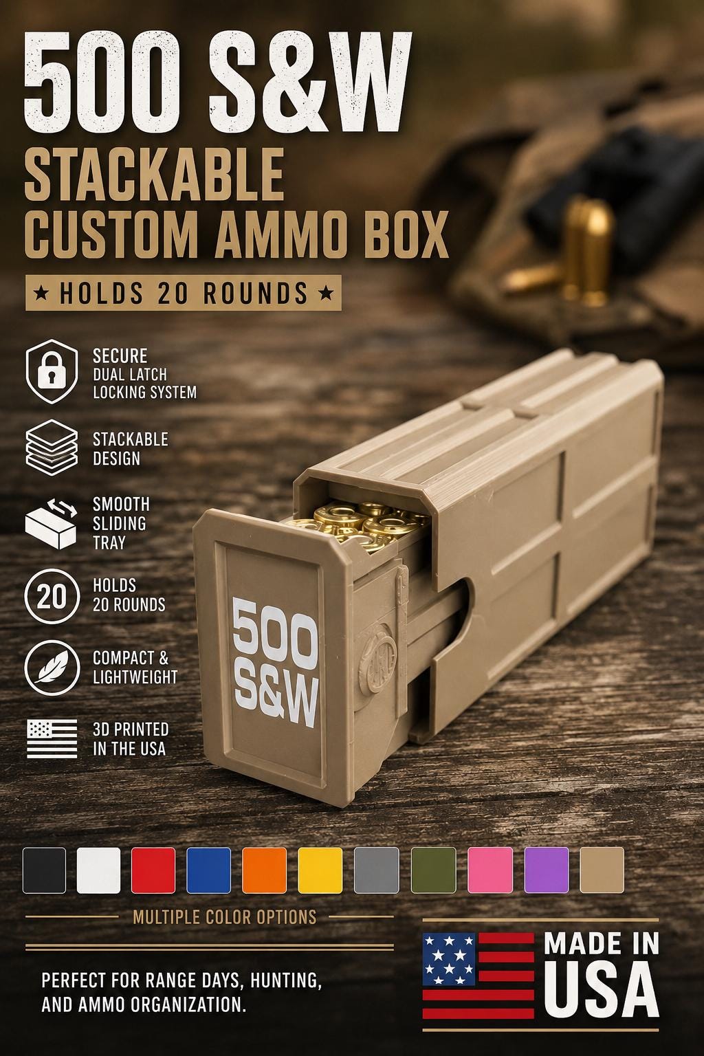 500 S&W Magnum Ammo Pocket Storage Box – 20 Round Stackable Case, Dual-Latch Organizer