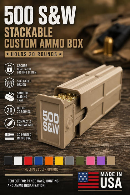 500 S&W Magnum Ammo Pocket Storage Box – 20 Round Stackable Case, Dual-Latch Organizer