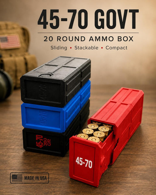 45-70 Government Ammo Box – 20 Round Stackable Ammo Storage Case, Sliding 3D Printed Range & Hunting Organizer