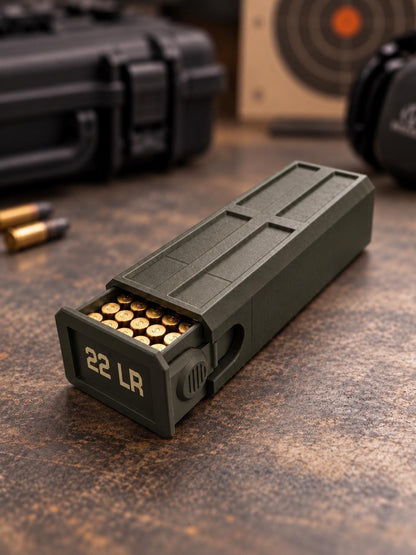 22LR Ammo Box – 100 Round Capacity – Compact Stackable Sliding Ammunition Storage Case