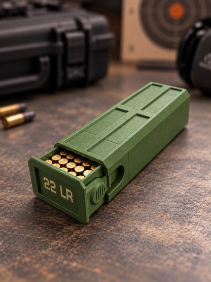 22LR Ammo Box – 100 Round Capacity – Compact Stackable Sliding Ammunition Storage Case