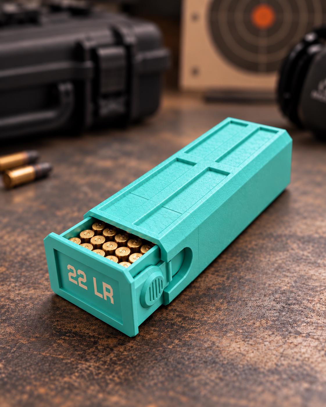 22LR Ammo Box – 100 Round Capacity – Compact Stackable Sliding Ammunition Storage Case