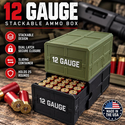 12 Gauge Shotgun Shell Holder – Stackable Ammo Box (25 Rounds)