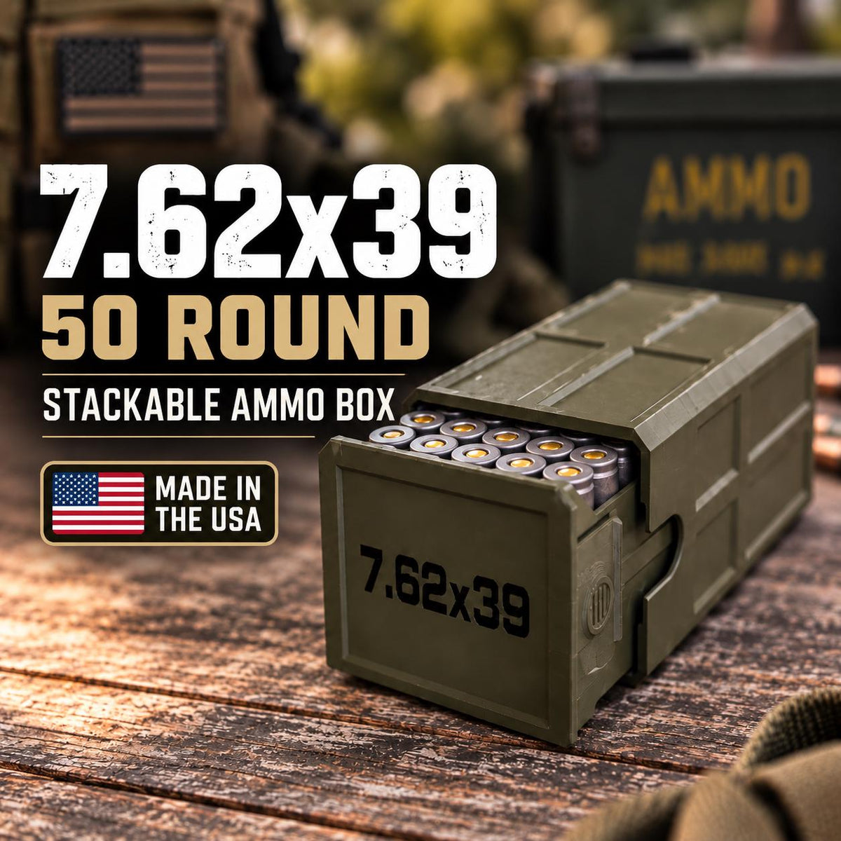 7.62x39 Ammo Box – 50 Round Stackable 3D Printed Storage Case (Made in USA)