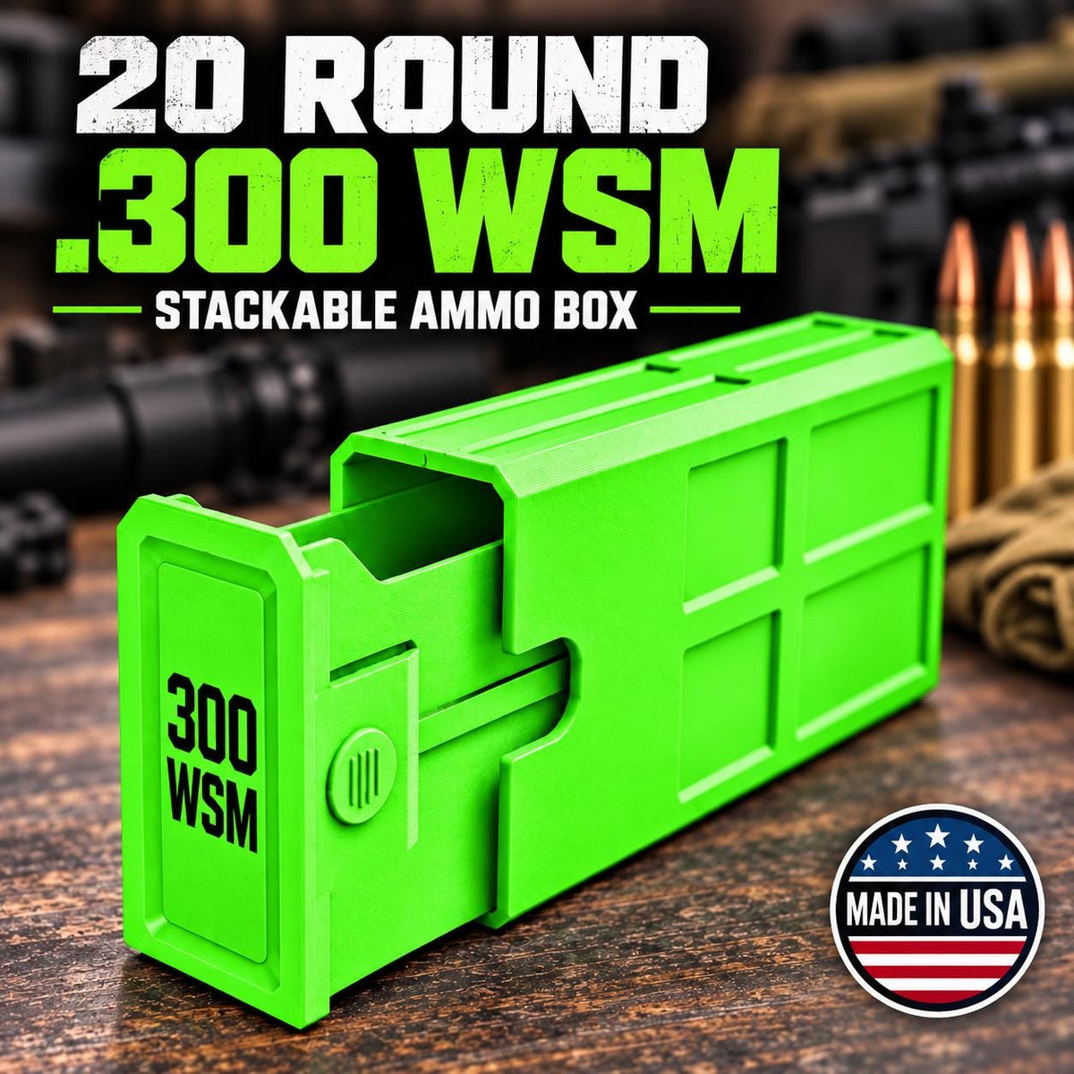 300 WSM Ammo Box – 20 Round Stackable Storage Case, Sliding Drawer, Dual Latches