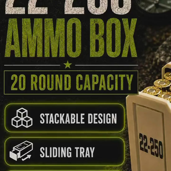 22-250 Remington Ammo Box, 20 Round Stackable Ammunition Storage Case, Custom Color Range Box and Gun Safe Organizer
