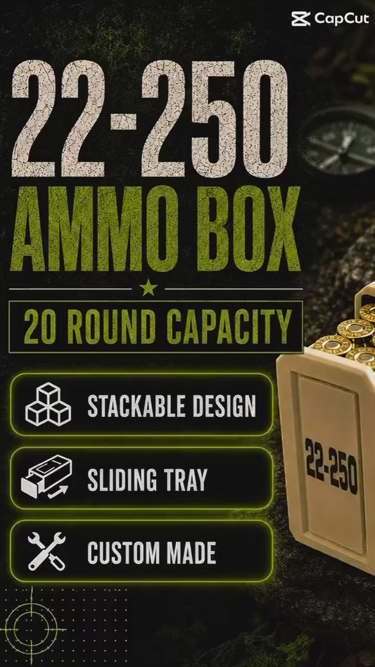 22-250 Remington Ammo Box, 20 Round Stackable Ammunition Storage Case, Custom Color Range Box and Gun Safe Organizer